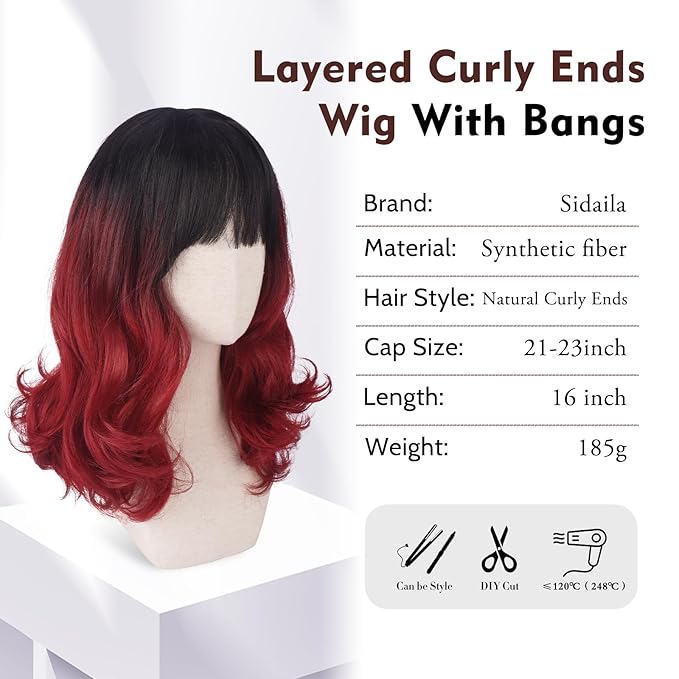 Wig with Bangs for Women | 16 Inch Layered Body Wave Synthetic Wig | Heat Resistant Yaki Fiber Natural Looking Shoulder Length Wigs | Synthetic Wig for Daily Wear - Ombre Black to Burgundy