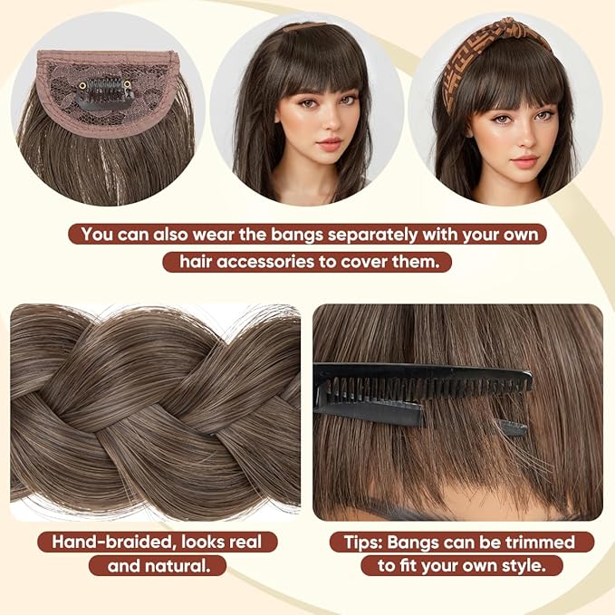 SARLA Braided Headband with 3 Detachable Clip in Bangs Fringe Hairpieces Fake Synthetic Hair Band Bangs for Women Dark Grey