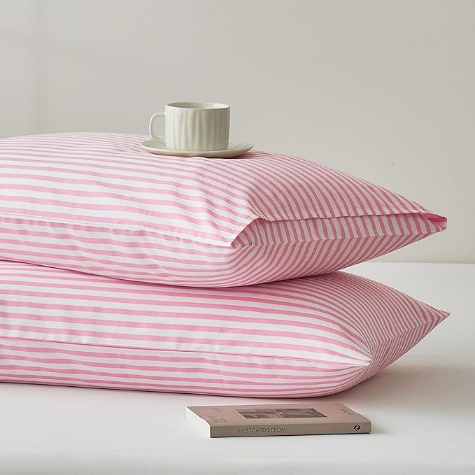 JELLYMONI 100% Natural Cotton Striped Standard Pillowcases Set, 2 Pack Pink Striped Pattern Printed Pillow Covers with Envelope Closure(Pillows are not Included)