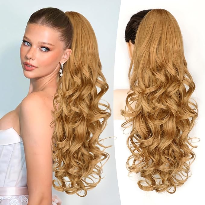 ALXNAN Ponytail Extension,24 Inch Claw Clip in Long Curly Wavy Light Orange Blonde Ponytail Hair Extension Jaw Clip on Pony Tails Hairpiece for Women