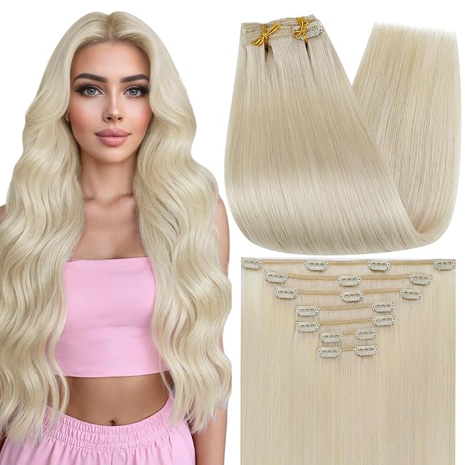 Full Shine Clip on Hair Extensions Human Hair Blonde Human Hair Extensions for Length for The Beach 24 Inch 7 Pcs 120 G