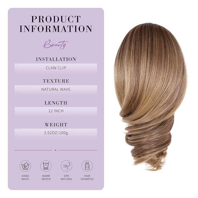 Claw Clip Ponytail Extension - 12 Inch Curly Ponytail Extension, Wavy Pony Tails Hair Extensions, Synthetic Hair Extensions Ponytail, Clip On Ponytails for Women (Dark Ash Blonde With Golden Ends)