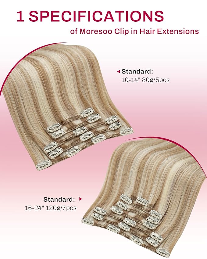Moresoo Clip in Hair Extensions Real Human Hair Blonde Highlights Brown Hair Extensions Clip ins Golden Brow with Platinum Blonde Double Weft Remy 120g/7pcs 16 inch