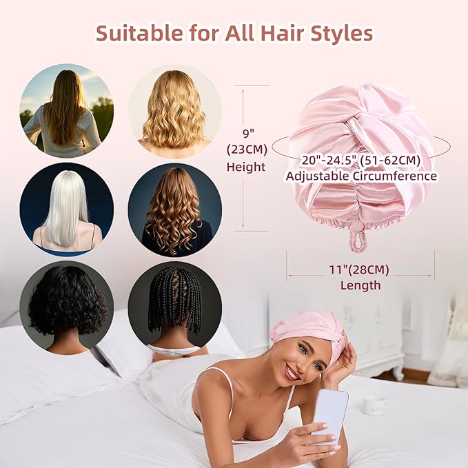 Adjustable Silk Satin Hair Bonnet for Sleeping Women, Double Layer, Silk Hair Wrap for Sleeping Women Men, Curly Natural Braid Straight Unisex - Pink