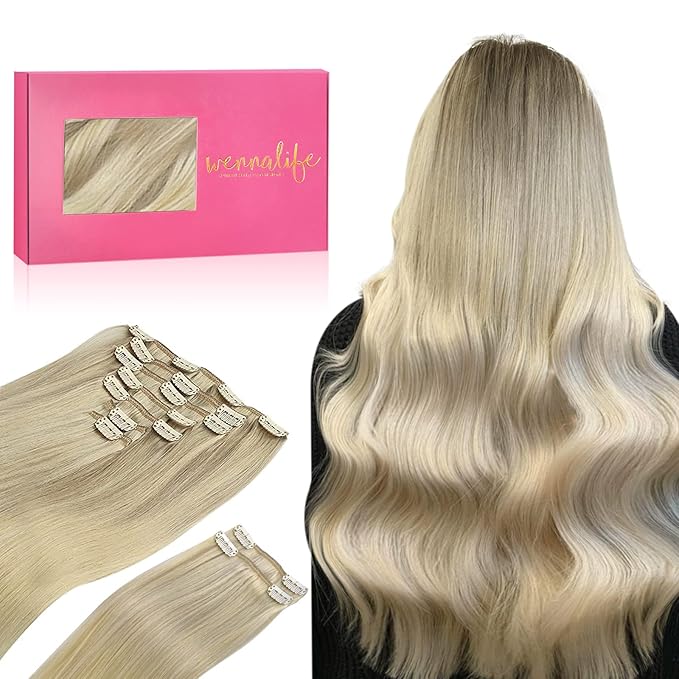 WENNALIFE Clip in Hair Extensions, 150g 22 Inch 9pcs Ash Blonde to Golden Blonde and Platinum Blonde Human Hair Extensions Thicker Clip in Hair Extensions Real Human Hair Clip Set Double Weft