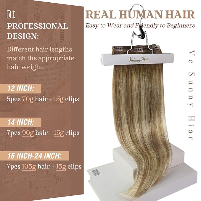 Ve Sunny Clip in Hair Extensions Brown Human Hair Clip in Extensions for Women Clip in Extensions Real Human Hair Chestnut Brown Balayage Platinum Blonde Easy to Wear 7pcs 20inch 120g