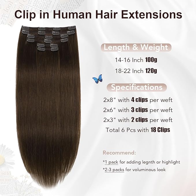 XDhair Clip in Hair Extensions 100G 6 pcs Medium Brown Clip in Hair Extensions Real Human Hair for Women Double Weft #4 14 Inch