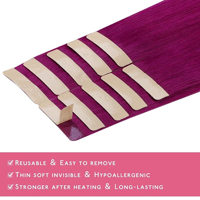 WENNALIFE Tape in Hair Extensions Human Hair Violet Tape in Extensions, 10pcs 25g 16 inch Remy Invisible Tape Ins Straight Colored Soft Real Human Hair Tape in Extensions Refill Set Extensions