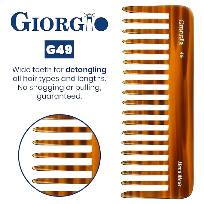 Giorgio G49 Large 5.75 Inch Detangling Comb, Wide Teeth for Thick Curly Wavy Hair. Long Hair Detangler Comb For Wet and Dry. Handmade of Quality Cellulose, Saw-Cut, Hand Polished, Tortoise Shell