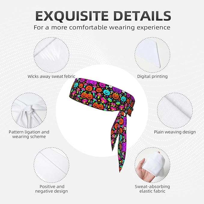 Men Women Sports Sweatbands, Multifunction Long Hair Band for Running Fitness Shower, Novelty Halloween Trippy Mushroom Pumpkin Headwear Hair Accessories