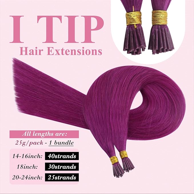 YoungSee I Tips Hair Extensions Purple 24 inch Itips Extensions Real Human Hair Long Hair Extension I-Tip Extension Purple for Daily Confidence Boost 25s 25g