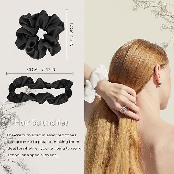 4PCS Large Satin Silk Scrunchies for Women - Big Glossy Scrunchie for Thick Hair Girl Hair Ties Ponytail Holders Jumbo Scrunchies (Black White Silver Champagne)