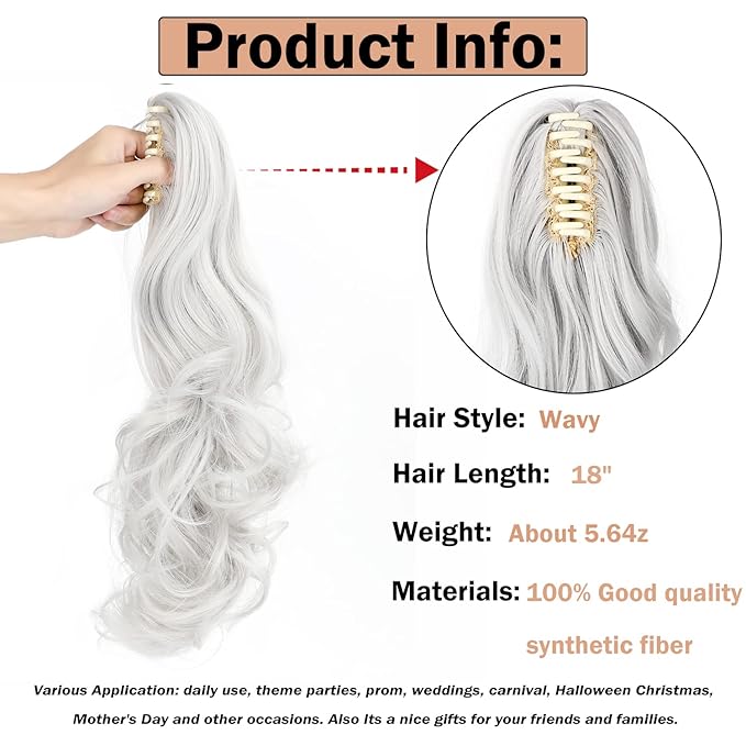 Claw Clip Ponytail Extension 18" Clip in Wavy Ponytail Hair Extensions Long Pony Tails for Women Extensions Silver Grey Wave Hairpiece