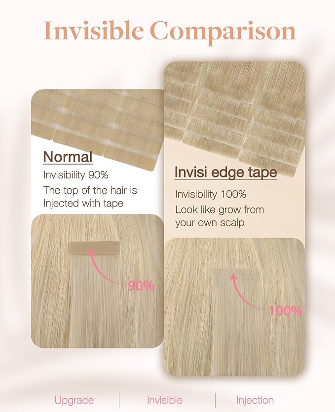 GOO GOO Invisi Edge Tape in Hair Extensions Human Hair, 18ET90A Natural Blonde Balayage, 10pcs 22inch 30g, Virgin Remy Hair, Seamless Injected Tape, Natural Look