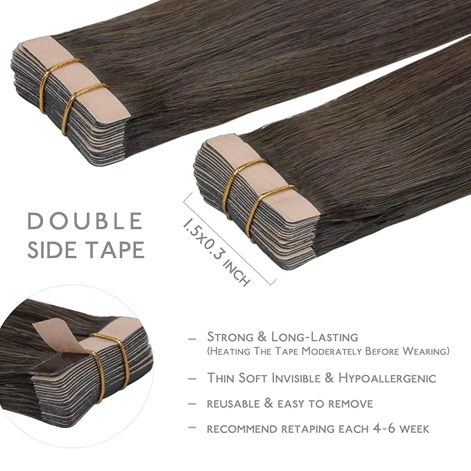WENNALIFE Tape in Hair Extensions Human Hair, 20pcs 50g 14 inch Cool Dark Brown Remy Hair Extensions Straight Human Hair Tape in Extensions Skin Weft Tape Extensions