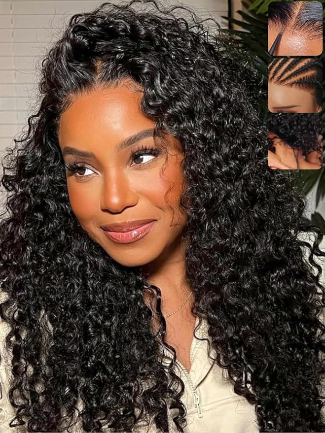 KLAIYI Water Wave Bye Bye Knots Glueless Wig Human Hair 7x5Precut Lace Front Pre Plucked Bleached Wear and Go Wig with Curly Baby Hair Drawstring 3S Ready to Go Pre Everything Beginner Friendly 18Inch