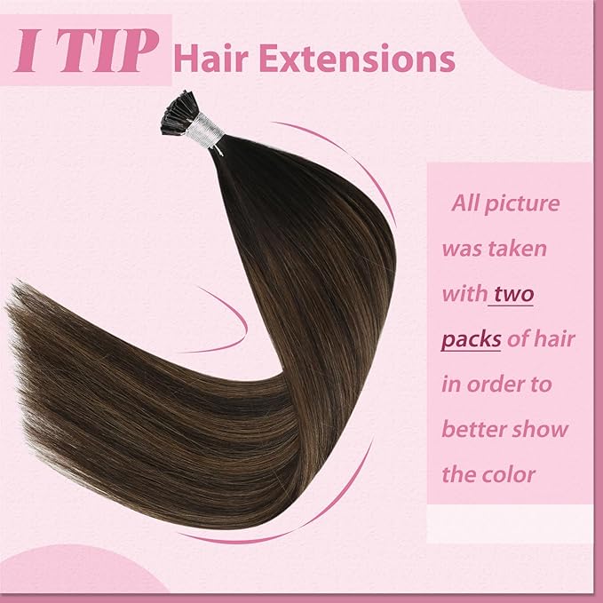 YoungSee I Tips Hair Extensions Human Hair Brown Itip Hair Extensions Balayage Dark Brown Itips Hair Extension Real Human Hair 20 Inch Ombre Real Hair Extension for Women 50g 50s