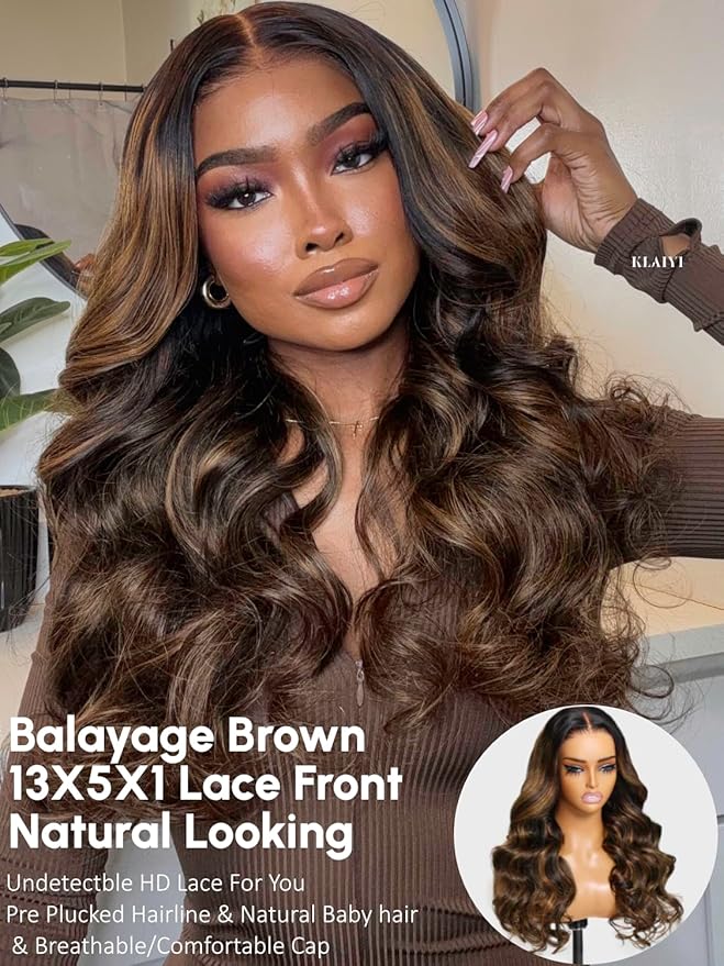 KLAIYI Ombre Brown Body Wave Lace Front Wigs Human Hair Highlight Balayage 13x4x1 T Part Ear to Ear Lace Wig Pre Plucked with Baby Hair Easy to Wear and Go Wigs for Black Women Natural Hairline 20Inch