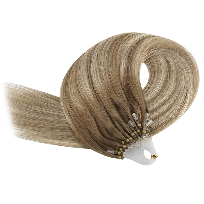 YoungSee Microbead Hair Extensions Ombre Micro Loop Hair Extensions Real Human Hair Balayage Light Brown with Blonde Micro Hair Extension Human Hair Silky Straight for Young Adults 22 Inch 50s 50g