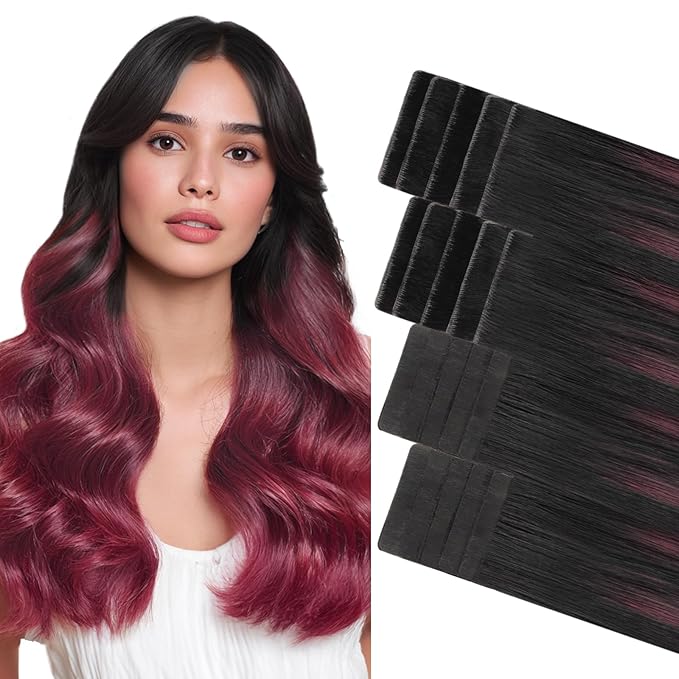 GOO GOO Invisi Edge Tape in Hair Extensions Human Hair, 1/99 Balayage Jet Black to Red 10pcs injected with 10pcs classical tape ins, 18inch 50g, Virgin Remy Hair, Natural Look