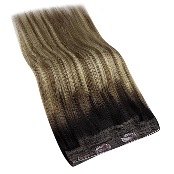 YoungSee 120G Wire Hair Extensions Real Human Hair Ombre Invisible Wire Hair Extensions Dark Brown Roots to Brown with Blonde Fish Line Hair Extension Human Hair Easy to Wear 16Inch