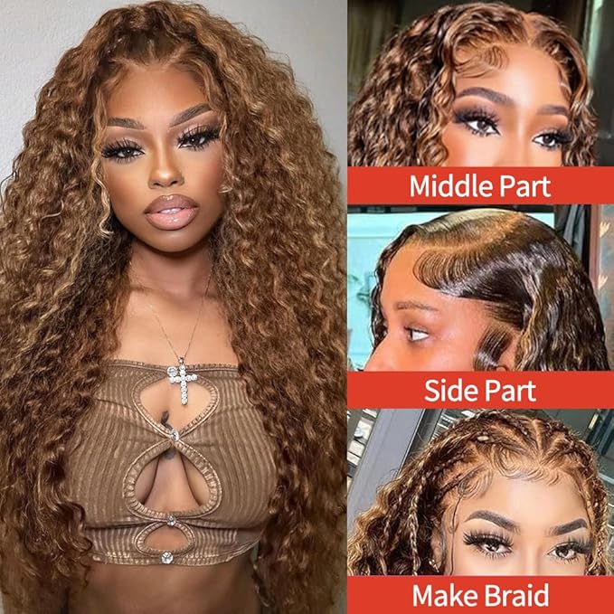 Highlight Ombre 13x6 Lace Front Wig Human Hair Deep Wave Honey Blonde Glueless HD Transparent Lace Frontal Wigs for Women 180 Density Human Hair (highlight ombre deep wave, 24 inch)