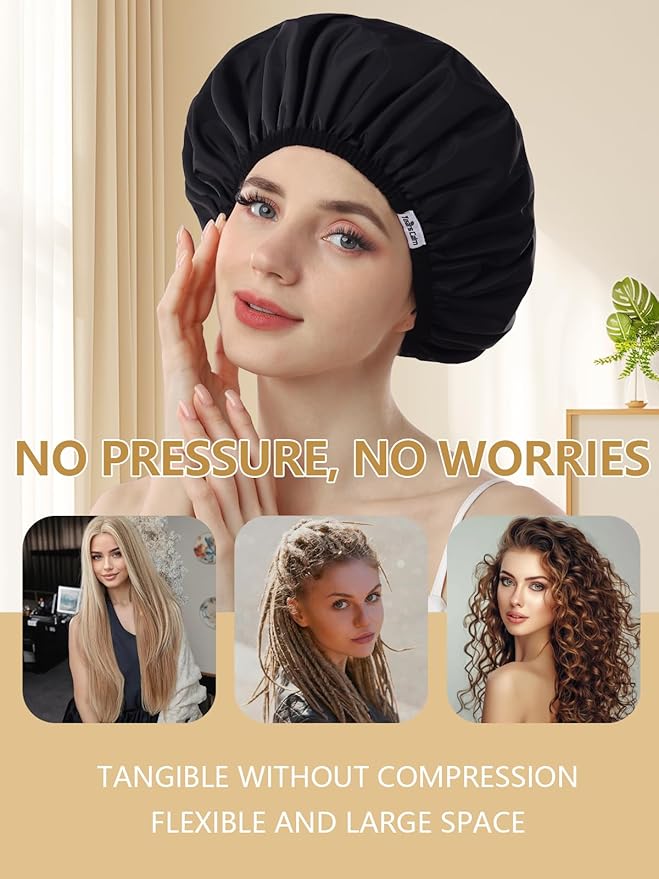 Years Calm Shower Caps For Women Reusable Waterproof，Pattern And Solid Color Dual-Layer Design For Dual-Layer Usable，Protects Hair In Shower, Spa, Cooking, Clean & Travel (Black, Extra Large)
