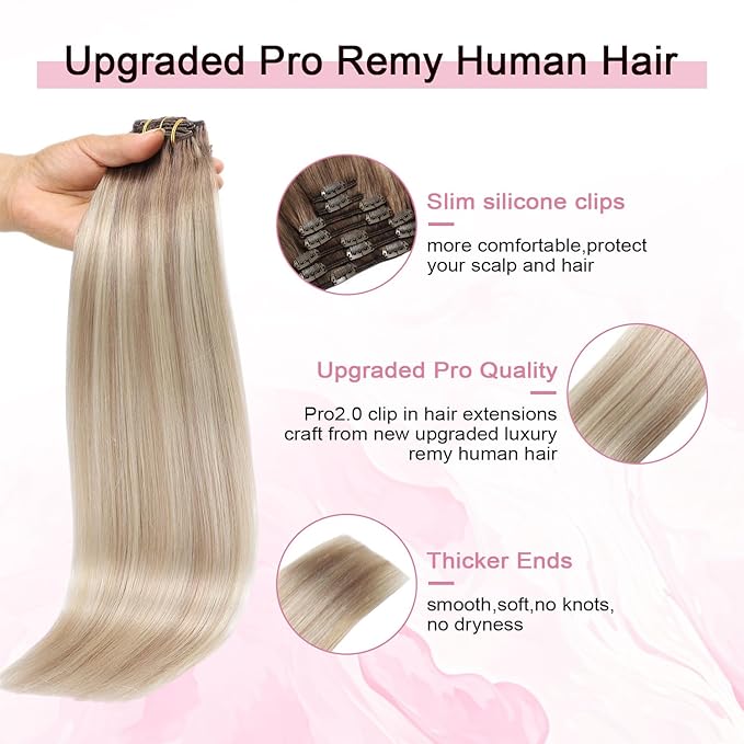 Pro2.0 Clip in Hair Extensions Real Human Hair 22inch 7pcs #8/60/18 Ash Brown to Ash Blonde Mix Platinum Real Hair Extensions Clip in Human Hair 120g（#8/60/18-22inch）