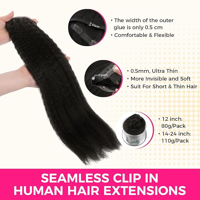 Lashey Hair Extensions Real Human Hair Kinky Straight 110g Natural Black Hair Extensions Seamless Clip in Human Hair Extensions 20 Inch Natural and Soft Invisi Edge Hair for Women