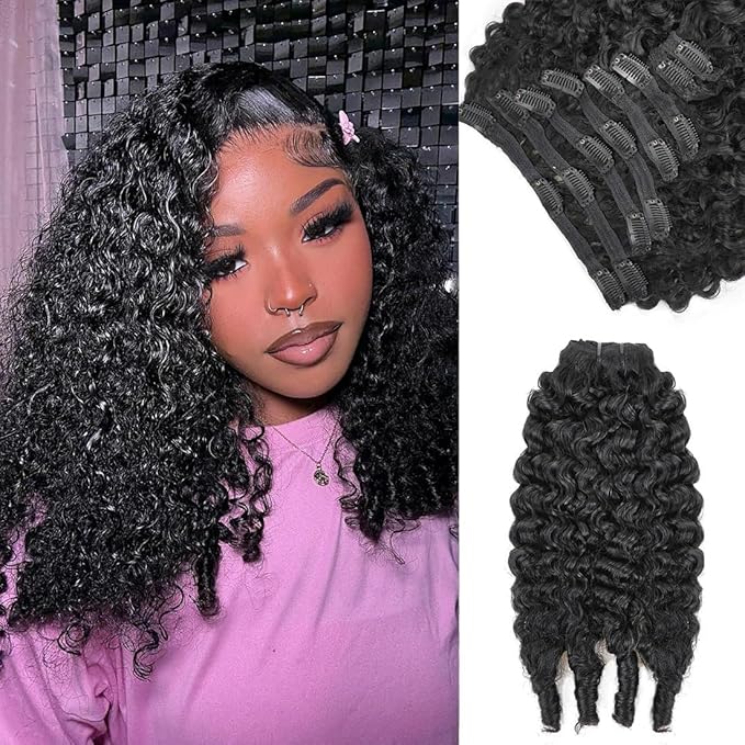 Burmese Curly Clip in Hair Extensions Real Human Hair, 8Pcs Remy Human Hair Clip in Extensions for Women, 100% Natural Soft Human Hair, 120g 12inch #1B Natural Black
