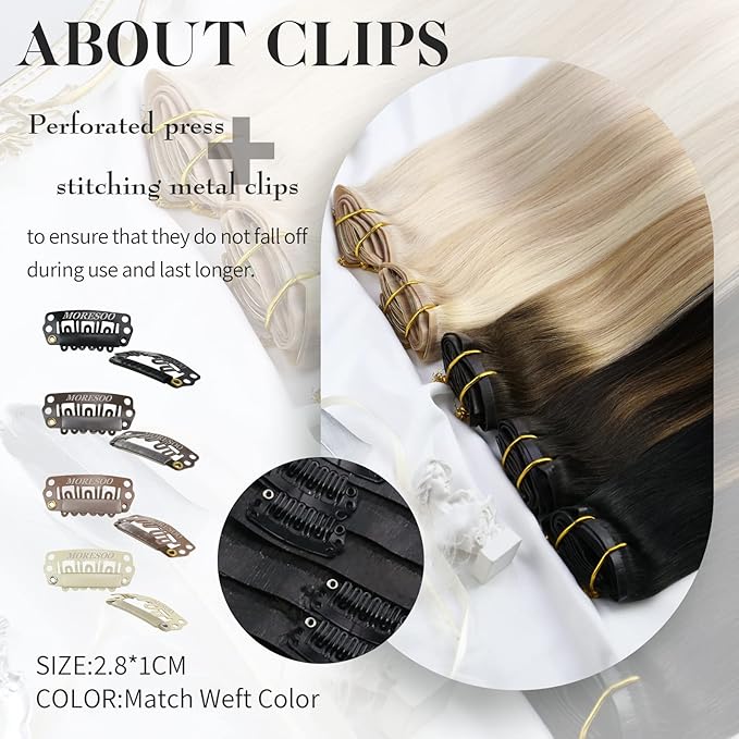 Moresoo Invisible Clip in Hair Extensions Silver Black Balayage Human Hair Clip in Extensions Black to Silver Grey Ombre Hair Extensions Clip in 18in 7pcs 120g