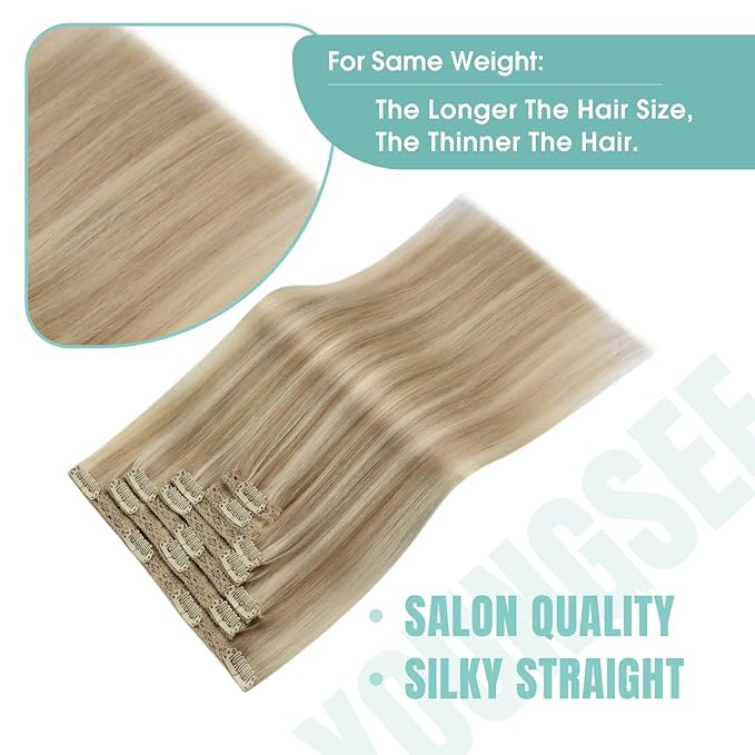 YoungSee Blonde Clip in Hair Extensions Honey Blonde Highlights Human Hair Clip in Extensions Strawberry Blond Clips in Human Hair Extensions for Woman 12inch 85g