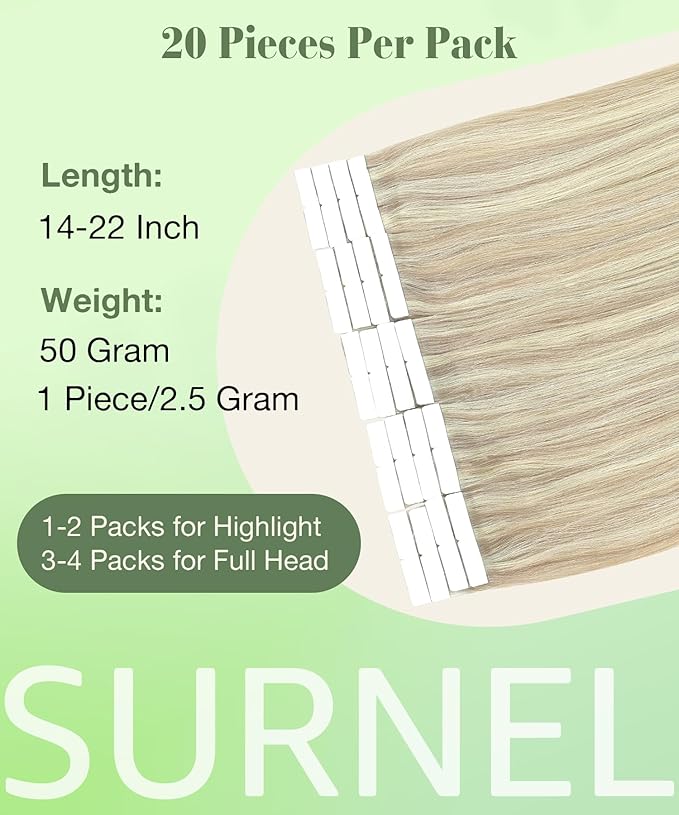 SURNEL Tape in Hair Extensions Human Hair Ash Blonde Highlight Bleach Blonde Tape in hair extensions 18 inch 20pcs 50g(#18P613-18)