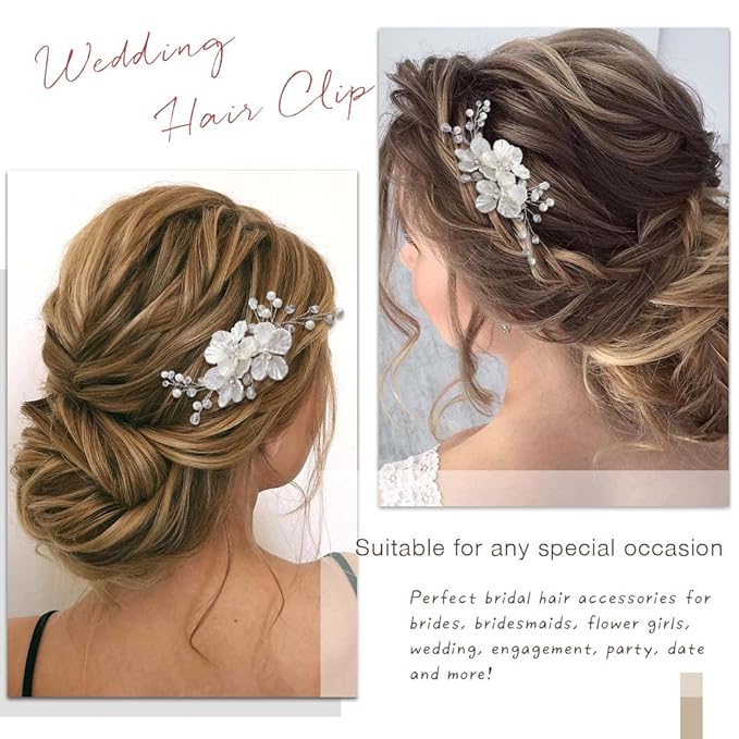 Asooll Flower Wedding Hair Barrette Clips Silver Bridal Hair Accessories Pearl Hair Pieces for Women (Silver)