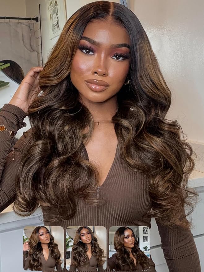 KLAIYI Ombre Brown Body Wave Lace Front Wigs Human Hair Highlight Balayage 13x4x1 T Part Ear to Ear Lace Wig Pre Plucked with Baby Hair Easy to Wear and Go Wigs for Black Women Natural Hairline 26Inch