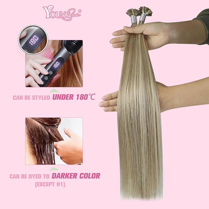YoungSee K Tip Hair Extensions Light Brown Highlight Ktip Human Hair Extensions for Working Light Brown with Blonde Highlight 20In Soft 50s/50g