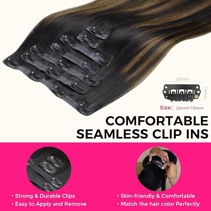 Lashey Seamless Clip in Human Hair Extensions 110g 7pcs Light Yaki Straight Natural Black Mixed Chestnut Brown Clip in Hair Extensions for Black Women 24 Inch Long