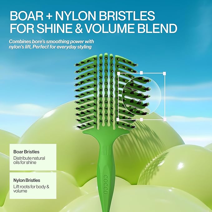 COCCO Aura Vent Boar Brush | Vented Dual-Curved Design for Faster Drying, Effortless Detangling & Shine, Boar + Nylon Bristles, Ergonomic Comfort Handle for Wet & Dry Hair Styling - Green