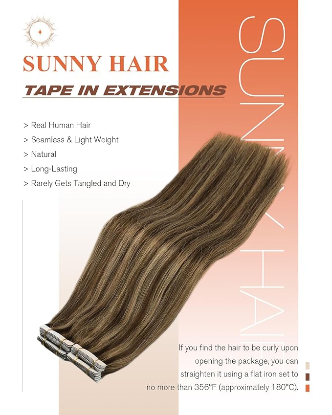 Sunny Hair Tape in Hair Extensions Real Human Hair Invisible Remy Hair Extensions Tape ins for Women Dark Brown Highlight Caramel Blonde 12 inch 20Pcs