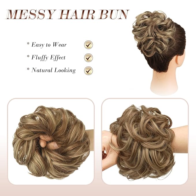 FESHFEN Messy Bun Hair Piece - Elastic Wavy Curly Hair Bun Scrunchies Extensions Synthetic Chignon Hairpieces for Women Girls, Brown & Blonde 1.5 oz