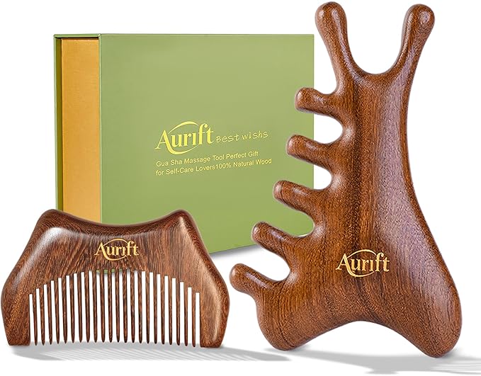 4-in-1 Gua Sha Tool with Mini Travel Small Massage Comb Set, Christmas Gifts for Women, Wooden Face & Body Massager Tool – Lymphatic Drainage, Jawline Sculpting, Head Scalp Massager Hair Growth