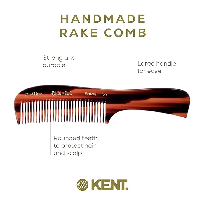 Kent 10T Large Hair Detangler Comb - Handmade Wide Tooth Combs for Curly Hair, Rake Comb For Wet and Dry Hairs, for Women for Thick Hairs Saw-Cut and Hand Polished Kent Combs