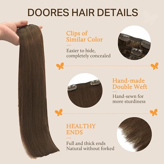 DOORES Clip in Hair Extensions Real Human Hair, Chocolate Brown 18 Inch 135g 7pcs, Thick Remy Clip in Extensions for Women Natural Straight Gift