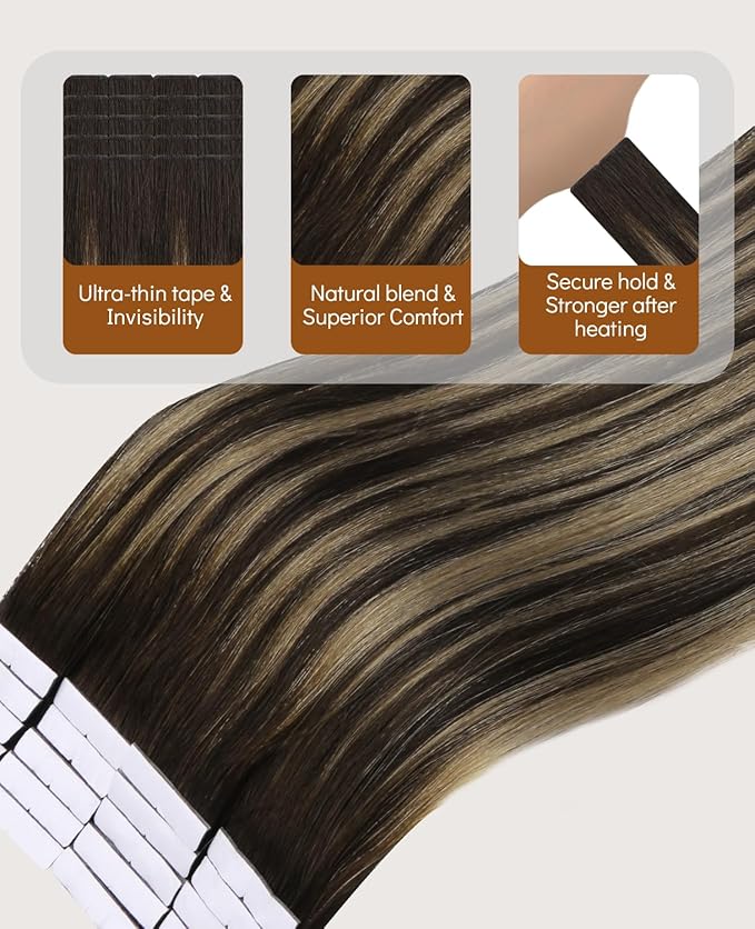 VINBAO Invisi Edge Tape in Extensions Human Hair Balayage Darkest Brown to Medium Brown Ombre Injected Tape in Hair Extensions Invisible 45g 20pcs 16inch #2/6/2