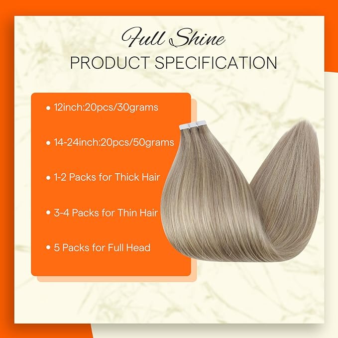 Full Shine Tape in Hair Extensions Human Hair Color 18 Ash Blonde Highlight 613 Blonde Seamless Real Remy Skin Weft 24Inch Thick Hair Extensions Add Length 20Pcs 50 Gram Invisible Brazilian Woman