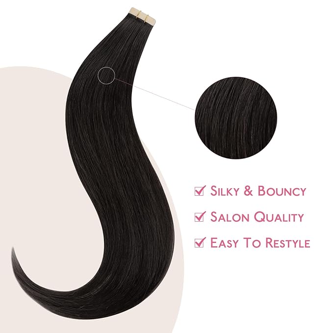 Wennalife Tape in Hair Extensions Human Hair Natural Black Tape in Extensions, 10pcs 30g 26 inch Remy Invisible Tape Ins Straight Colored Soft Real Human Hair Tape in Extensions Refill Set Extensions