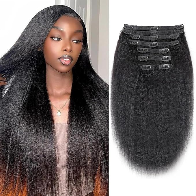 Kinky Straight Clip in Hair Extensions Real Human Hair 8Pcs Remy Human Hair Clip in Extensions for Women, Natural Human Hair 120g 16inch #1B Natural Black