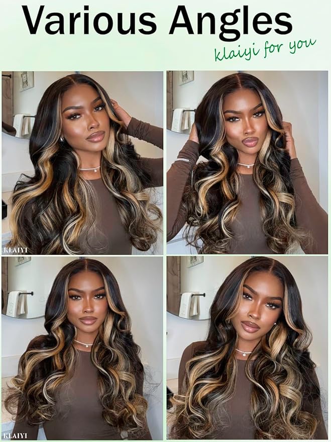 KLAIYI Ombre Highlight Blonde Loose Body Wave Bye Bye Knots Glueless Wigs Human Hair 7x5 Precut Lace Front Pre Plucked Bleached Ready to Wear Go Wig with Face Framing Curtain Bang Caramel Brown 24Inch