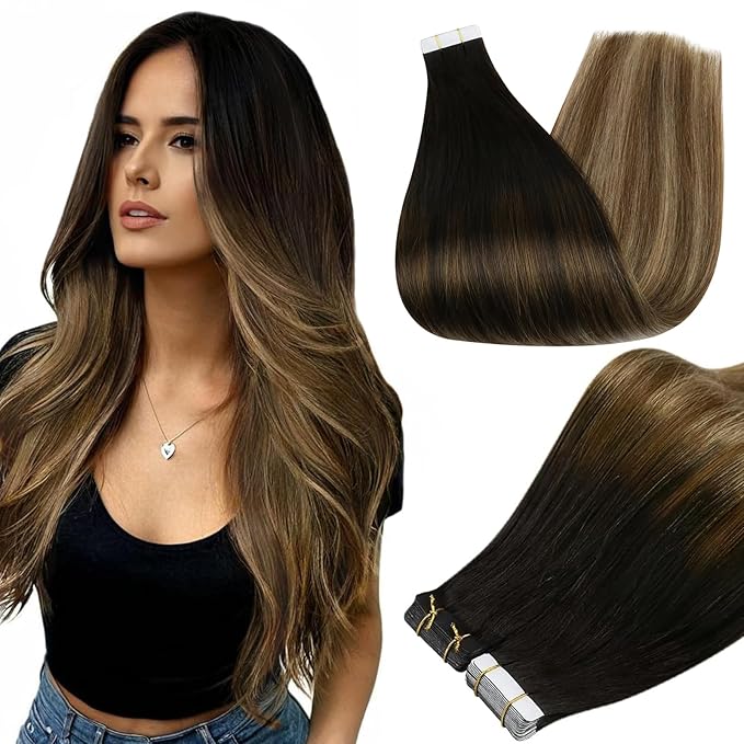Full Shine Balayage Tape in Hair Extensions Real Human Hair 12Inch Real Tape Extensions 30G 20Pcs Seamless Remy Skin Weft Black Ombre Pu Adhesive Hair Extension 1B/6/27 Black And Blonde Soft Natural