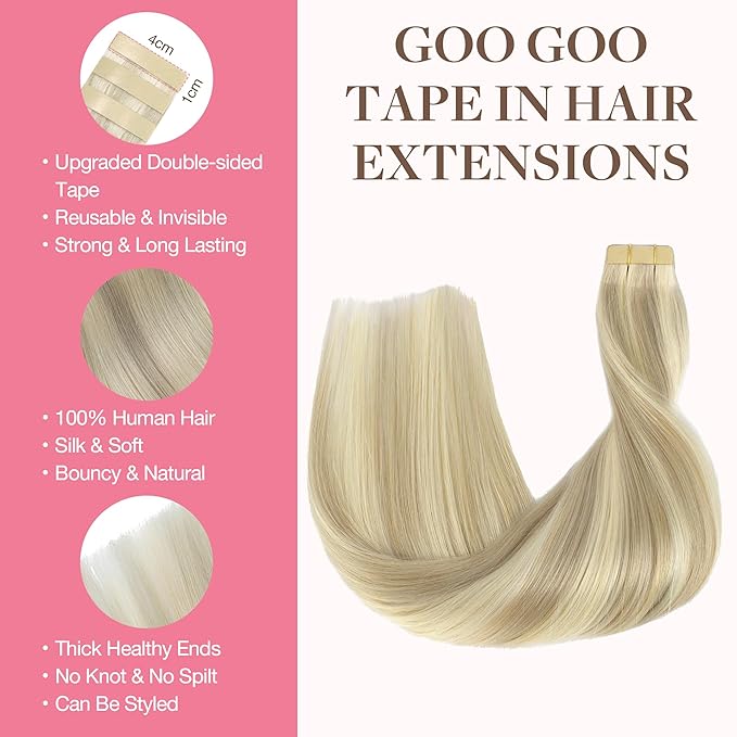 GOO GOO Tape in Hair Extensions Human Hair, 17A/60A Ash Blonde Highlighted Platinum Blonde, 20inch 100g 40pcs, Skin Weft Seamless Invisible, Silky Straight with Thick Ends, Remy Human Hair